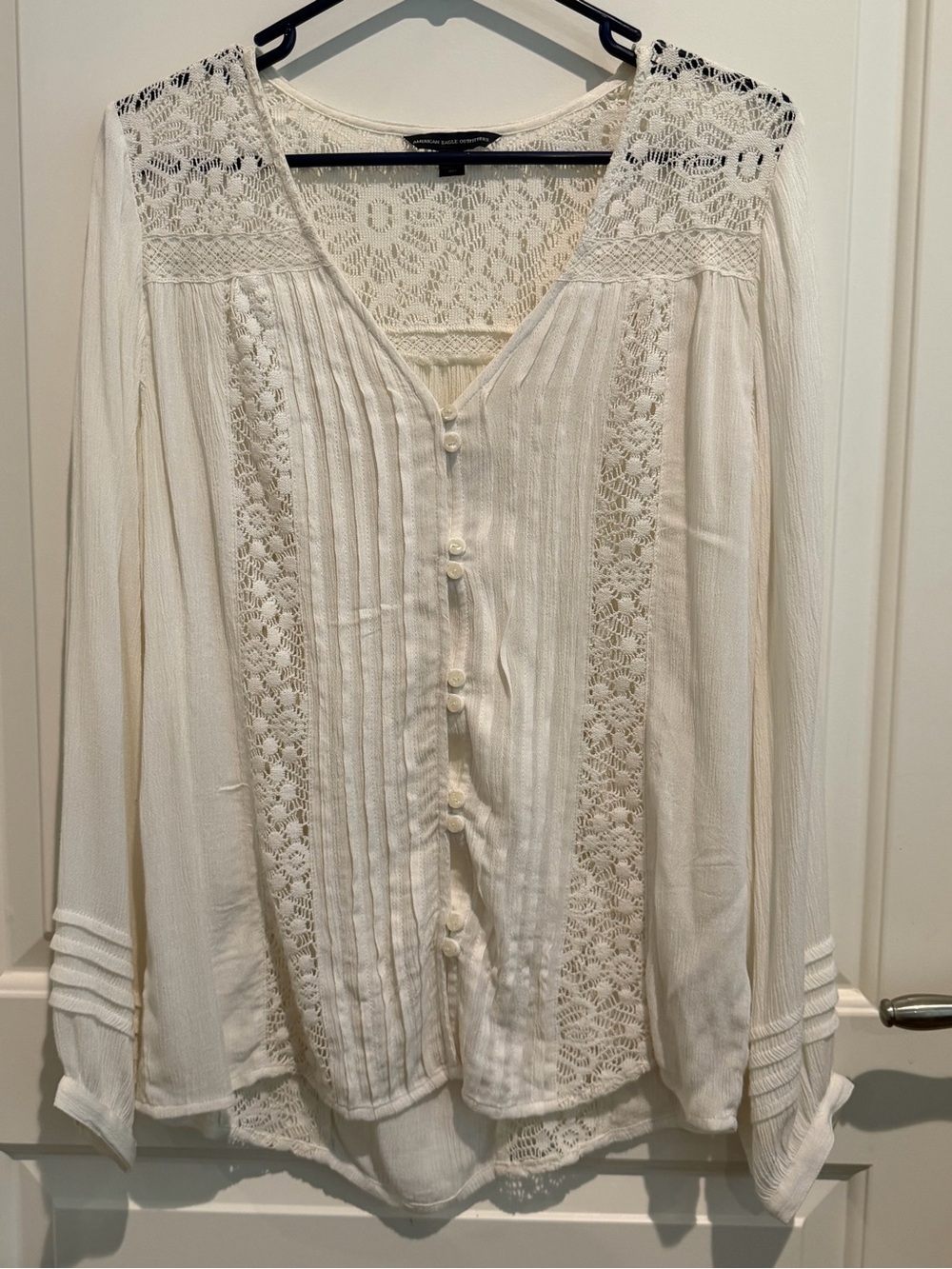 American Eagle Outfitters Cream Lace Pintuck Button Blouse